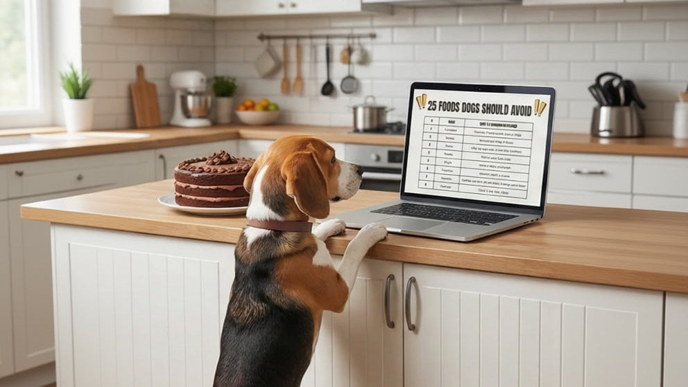 Dog standing on a kitchen counter looking at a laptop displaying a list of foods dogs should avoid.